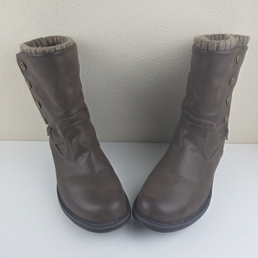 Muk Luks Crumpet Brown Faux Leather‎ Lined Side Zip/Snap Heel Boots Womens Sz 10 - Picture 3 of 14